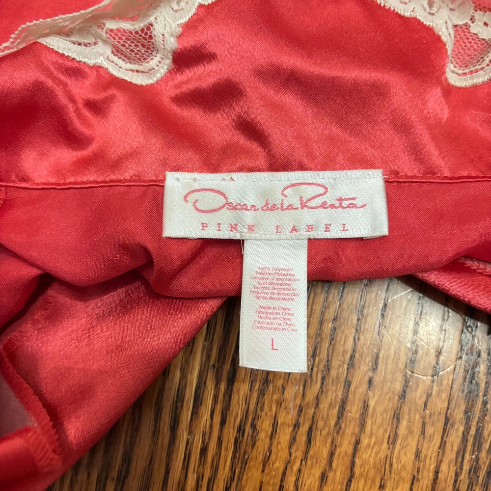 Oscar de la Renta Pink Label Vintage Y2K Red Satin Lace Trim Pajama Top Large - Picture 3 of 6